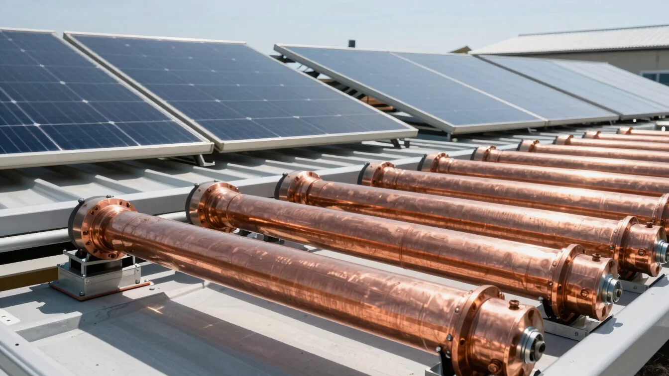 Close-up of clean copper manifolds and roof-mounted solar thermal panels under bright direct sunlight.
