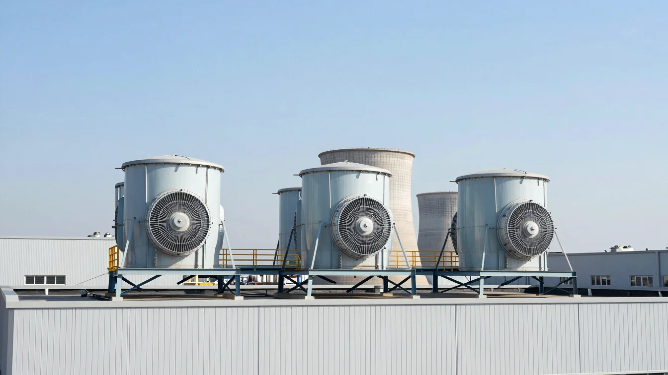 Clean architectural shot of industrial cooling towers on a commercial building roof against a clear daylight sky.
