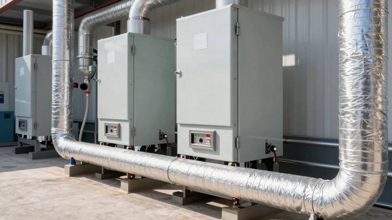 Bright technical view of a mechanical room housing an integrated commercial furnace with precision pipe lagging.