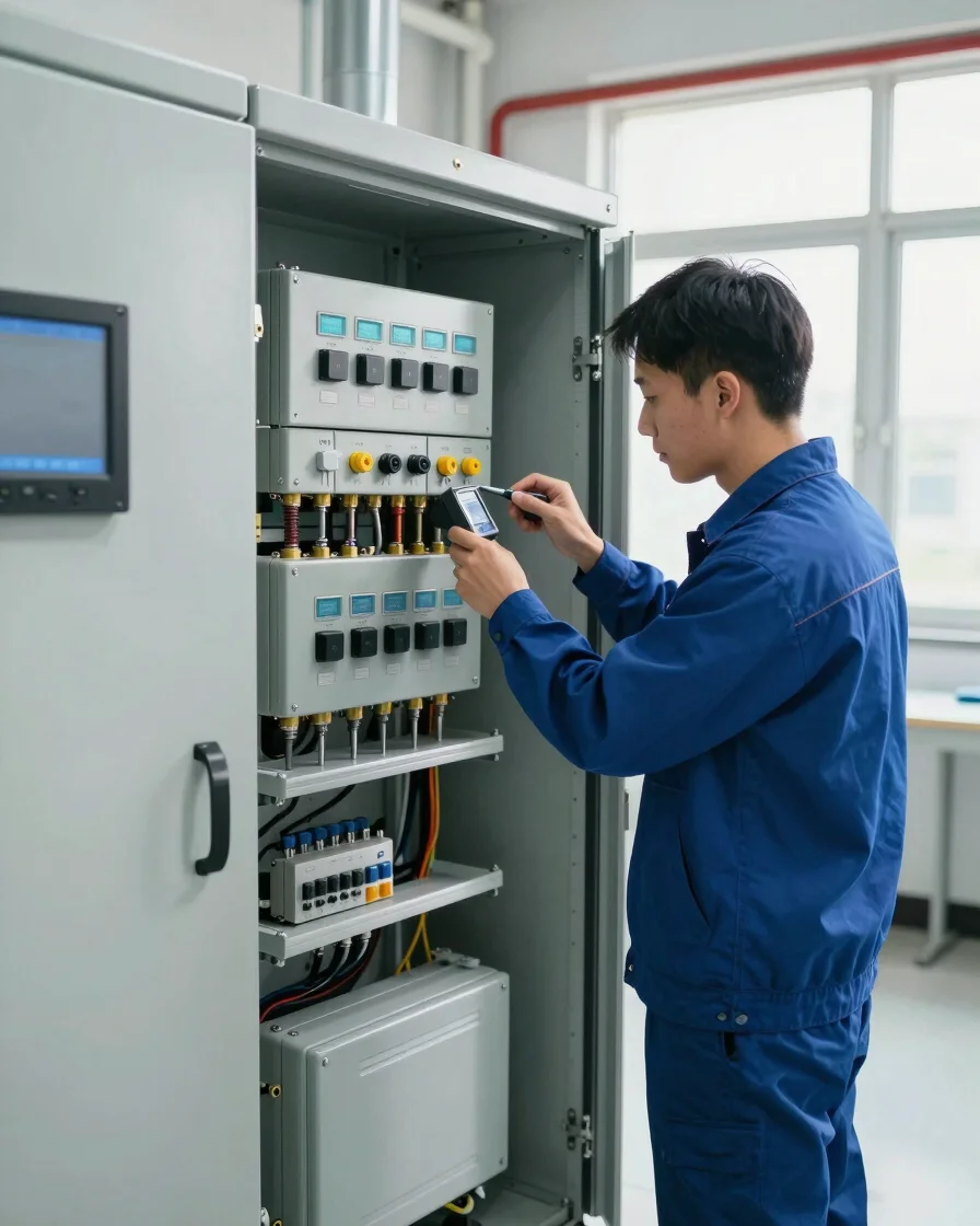 Licensed mechanical technician carrying out precision diagnostic readings on a complex commercial HVAC control panel in