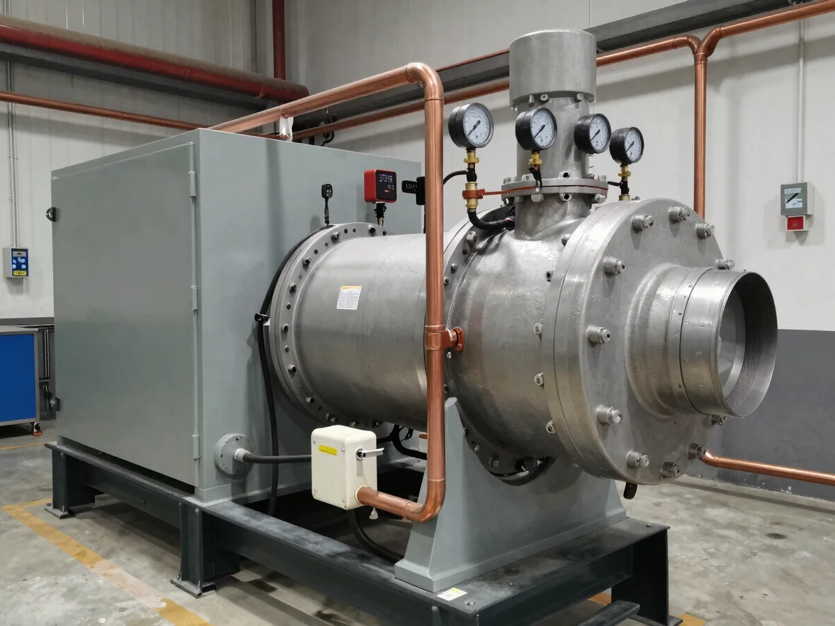 Clean industrial mechanical room housing a heavy-duty commercial furnace unit, copper piping, and professional diagnosti