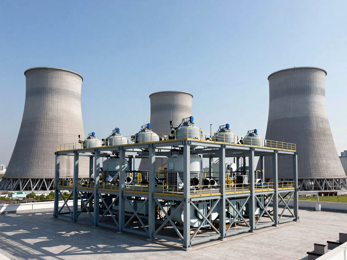 Wide architectural exterior view of a modern industrial rooftop cooling tower installation under bright sunlight, struct
