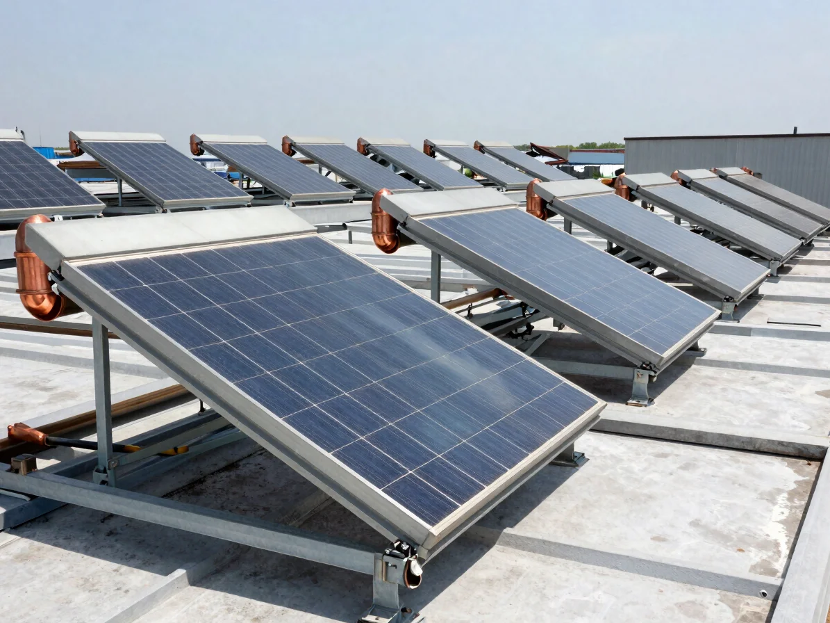 Roof-mounted solar thermal collector array with gleaming copper manifolds and direct sunlight reflecting off glazed glas