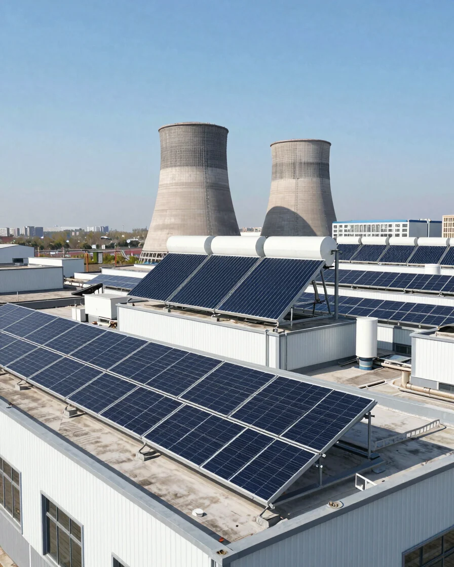 Wide architectural exterior view of a commercial roof-mounted solar thermal array next to clean central cooling towers u